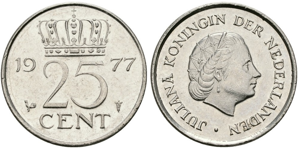 Нидерланды 25 центов, 1950 - 1980 Королева Юлиана XF