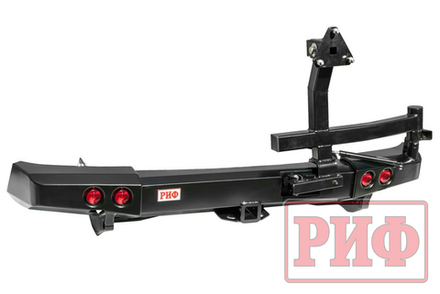 Бампер силовой задний Mitsubishi Pajero Sport 2009-2015 с квадратом под фаркоп, калиткой, фонарями, подсветкой номера РИФ