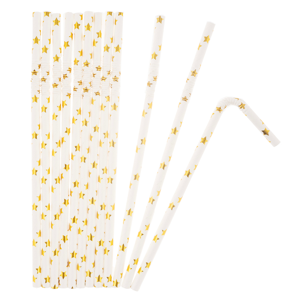 Трубочки для коктейлей с гофрой «Золотые звезды», белый/ золото, металлик, 12 шт
