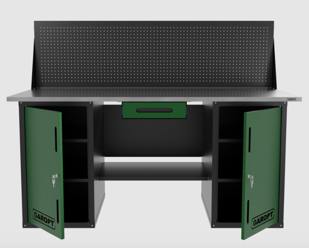 Верстак двухтумбовый с экраном и ящиком, зеленый 1800*700 Garopt, GT1800DDY1PP.green
