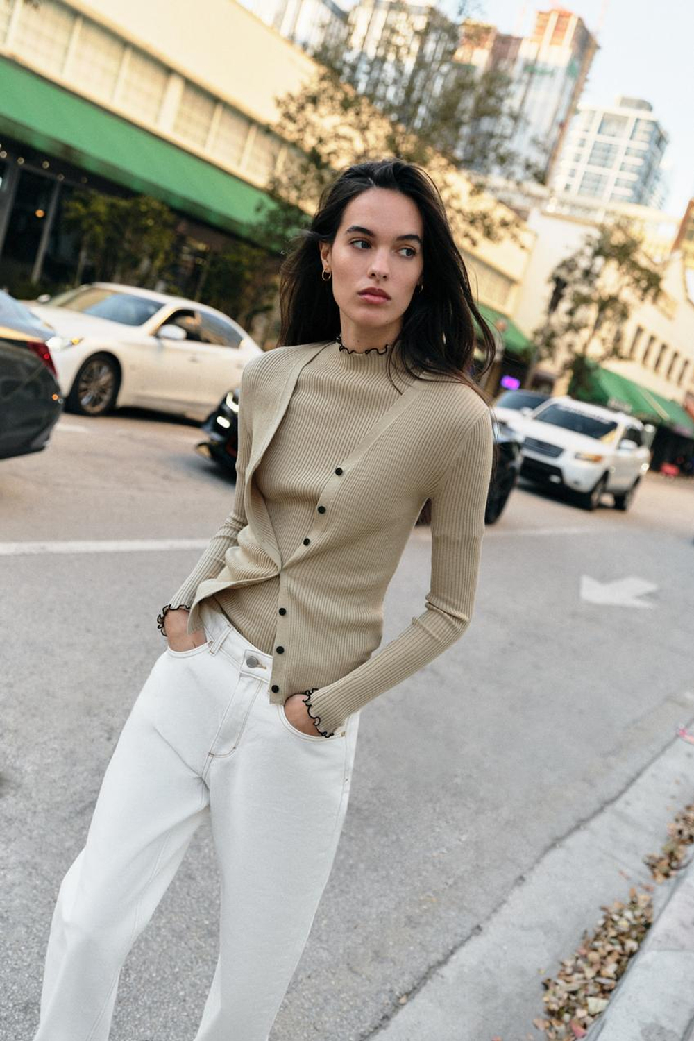 ZARA ВЯЗАНЫЙ ЖАКЕТ В РУБЧИК С КОНТРАСТНОЙ ОТДЕЛКОЙ, КАМЕННО-СЕРЫЙ