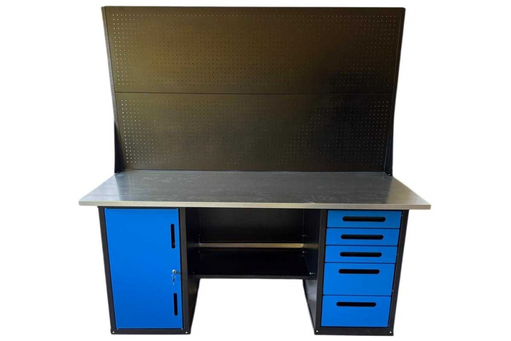 Верстак GWT-V1800B5 Great Wolf - двухтумбовый, 5 ящиков, тумба с дверью, два экрана, синий 1800x700мм