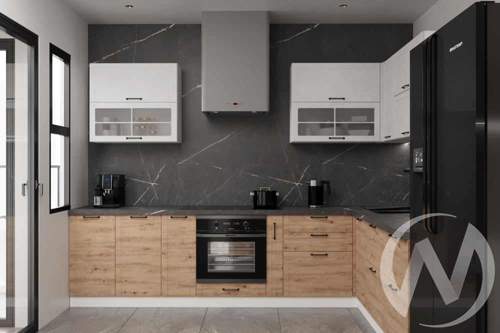 Кухня "Киото": бетон снежный/дуб артисан (корпус белый)