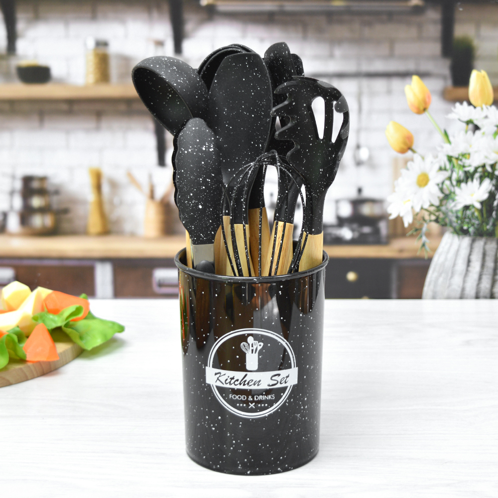 Набор кухонных принадлежностей из силикона, 12 предметов, цвет чёрный