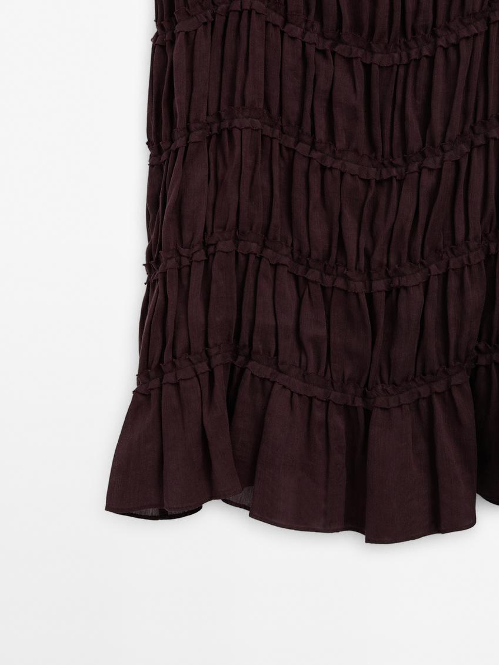 Massimo Dutti Длинное платье из струящейся смесовой льняной ткани, бордо