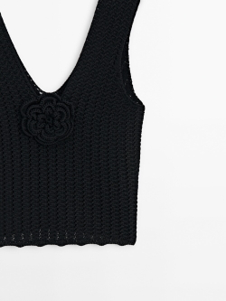 Massimo Dutti Трикотажный топ с цветком, черный