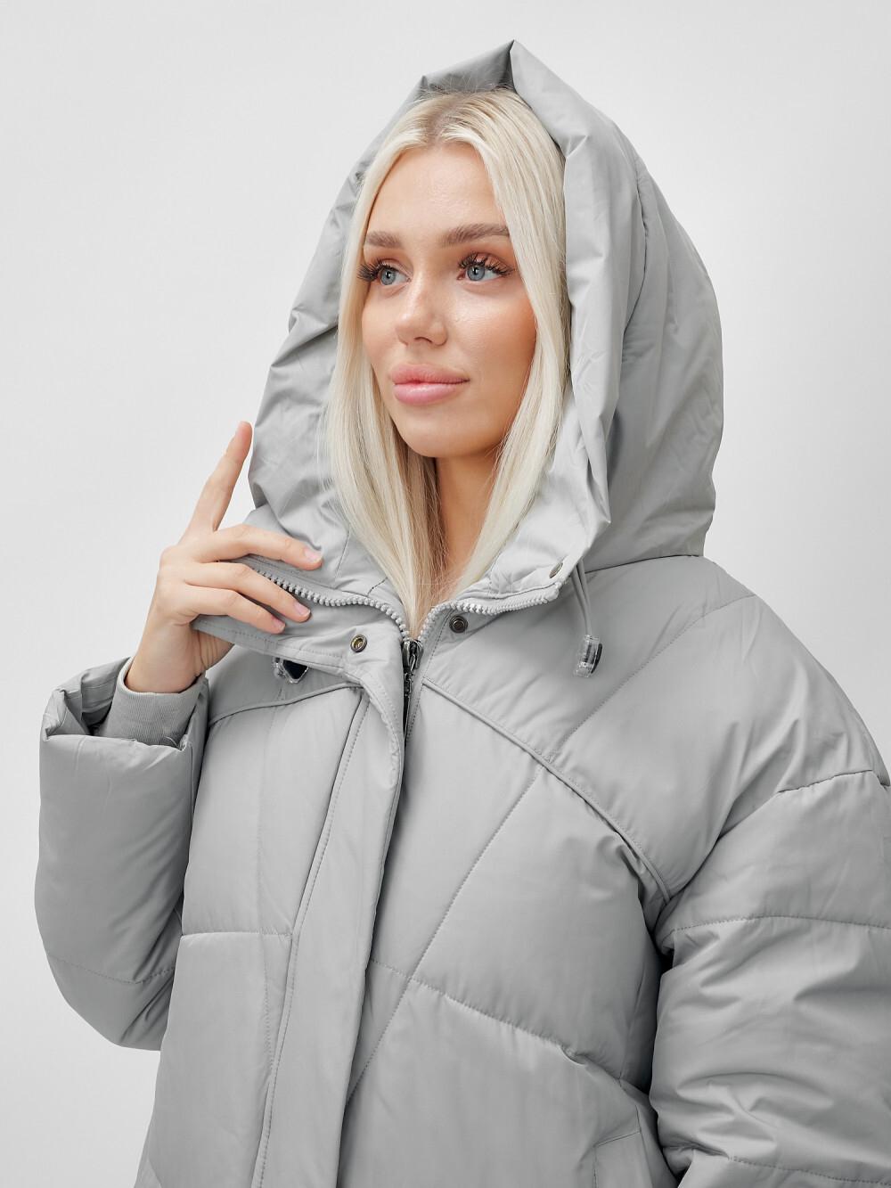 Пальто летучая мышь женское с капюшоном зимнее серого цвета 9616Sr