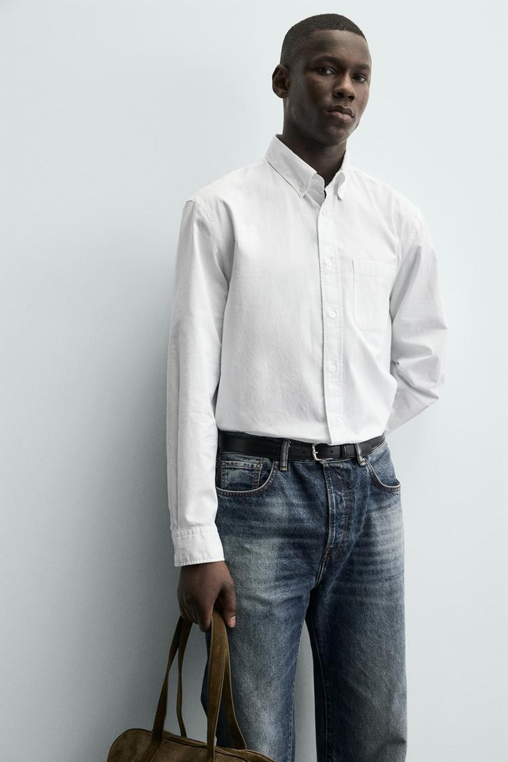 ZARA РУБАШКА ИЗ МЯГКОГО ХЛОПКА, БЕЛЫЙ/НЕБЕСНО-ГОЛУБОЙ