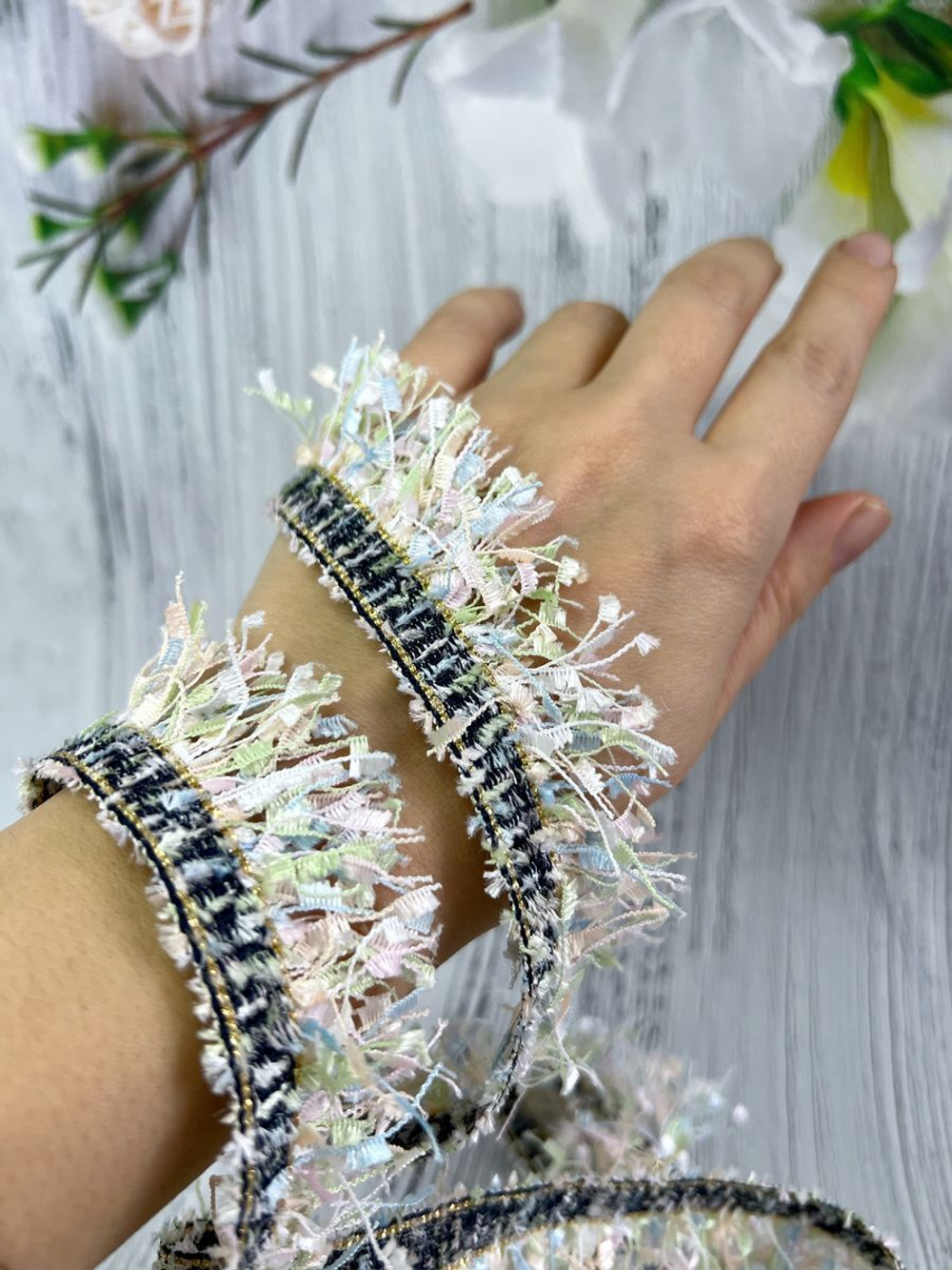 Тесьма с бахромой твидовая букле травка 35мм (1,5м в уп)