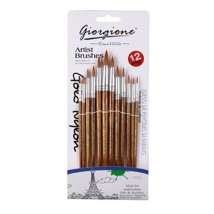 Набор кистей нейлон 12шт Giorgione круглые G-818-12A коричневый корпус, в блистере