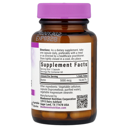 Bluebonnet Nutrition, Биотин, 5000 мкг, 60 растительных капсул