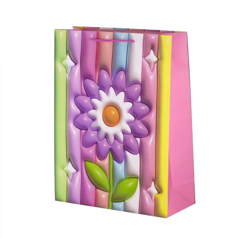 Пакет подарочный бумажный Alingar, (L+) 26х32х10 см, вертикальный, "Объемный цветочек", матов. ламинация, эффект 3D, ассорти