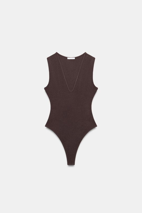 ZARA БОДИ ПРИТАЛЕННОЕ С V-ОБРАЗНЫМ ВЫРЕЗОМ, КОРИЧНЕВЫЙ