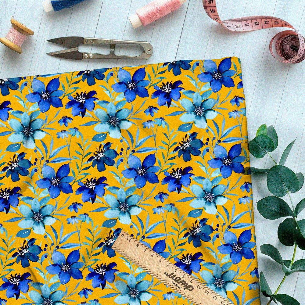 Ткань барби синие цветы на жёлтом фоне