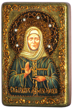 Инкрустированная рукописная икона Блаженная Старица Матрона Московская 15х10см на натуральном дереве в подарочной коробке