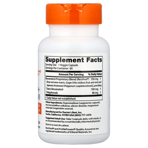 Doctor's Best, транс-ресвератрол, 60 растительных капсул