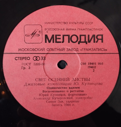 Винтажная виниловая пластинка LP Юрий Кузнецов, Сергей Терентьев, Свет Осенней Листвы (Джазовые Композиции) (СССР 1983)