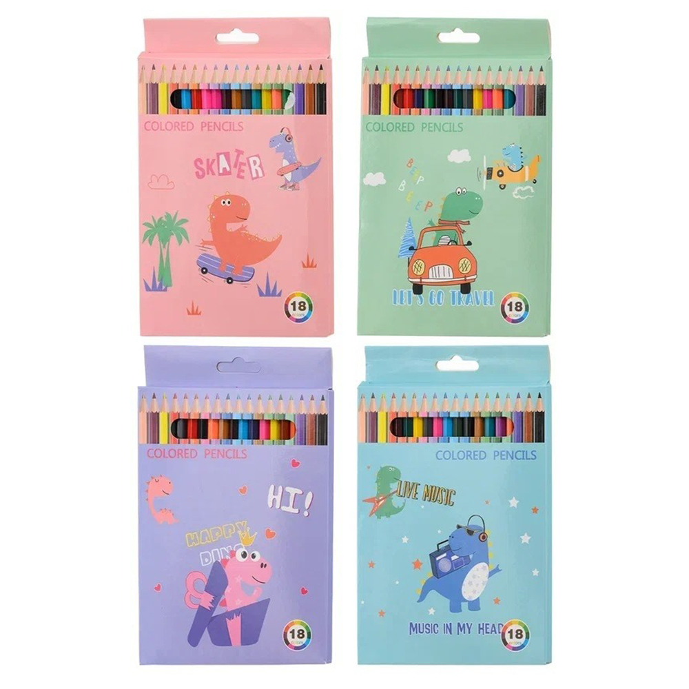 Цветные карандаши деревянные для рисования, 18 шт, MC-Basir, набор детских разноцветных карандашей "Динозаврики"