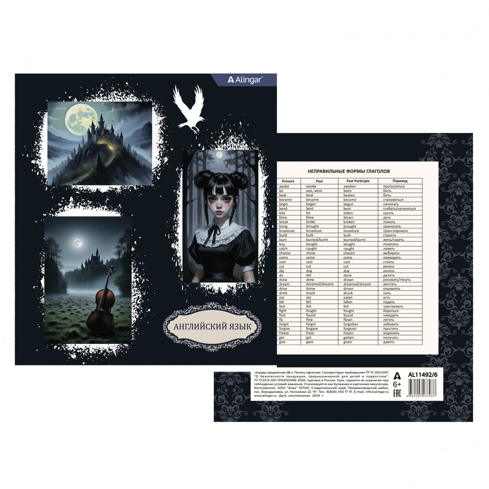 Тетрадь предметная "Английский язык" А5 48л., клетка, со справ матер, скрепка, мелованный картон(стандарт), блок офсет, Alingar "Mystical wednesday"