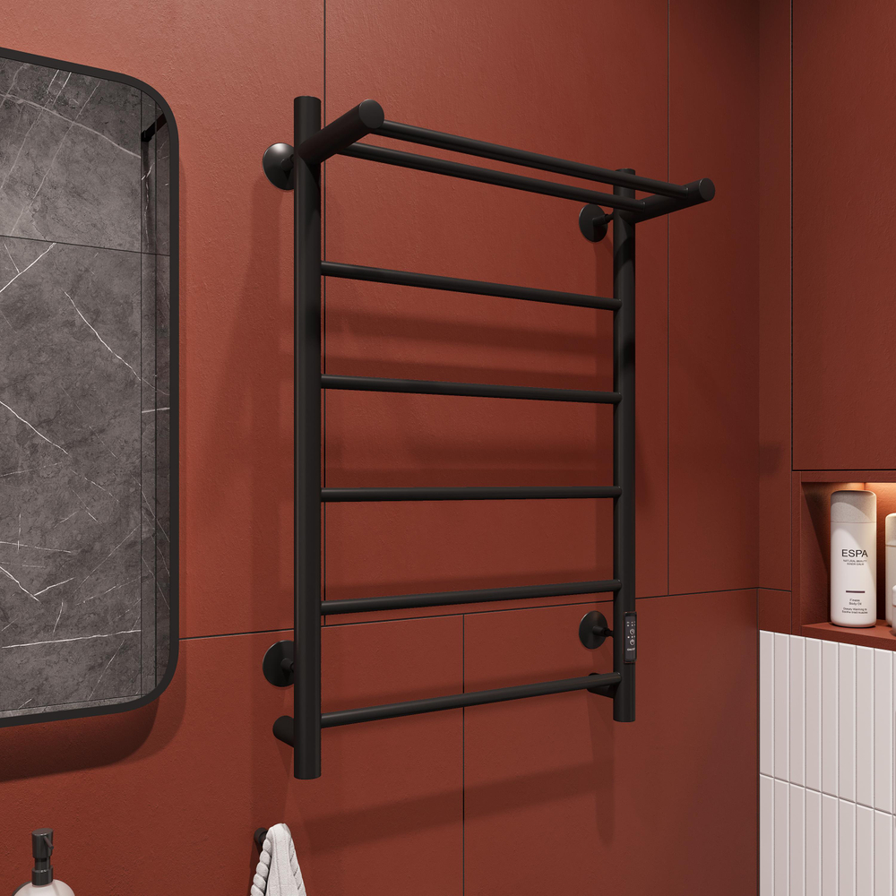 Полотенцесушитель электрический EWRIKA Сафо PN 80x55 см, подключение справа, слева, матовый черный, лесенка, из стали, с полкой