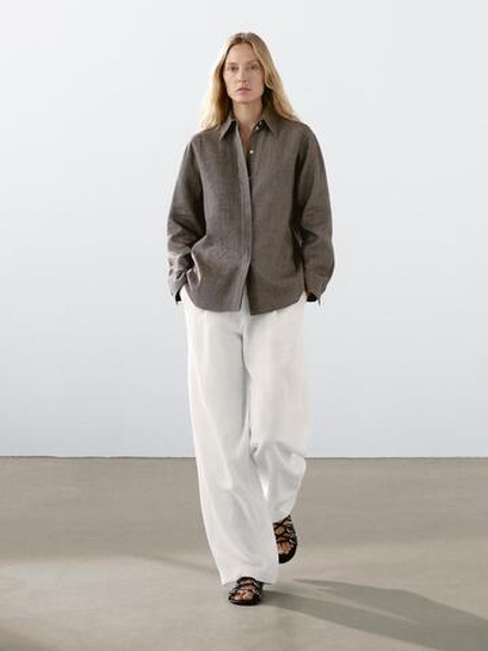 Massimo Dutti Легкая рубашка из 100% льна с защипами, коричневый