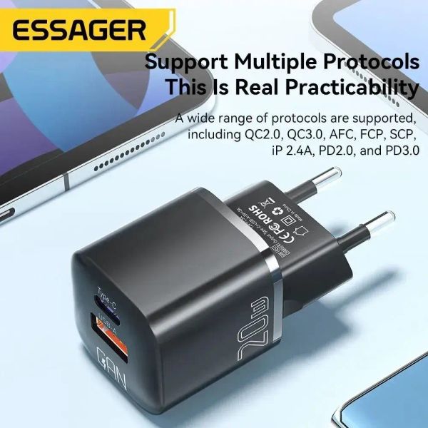 Адаптер питания Essager 20Вт (Type-C + USB-A) Черный