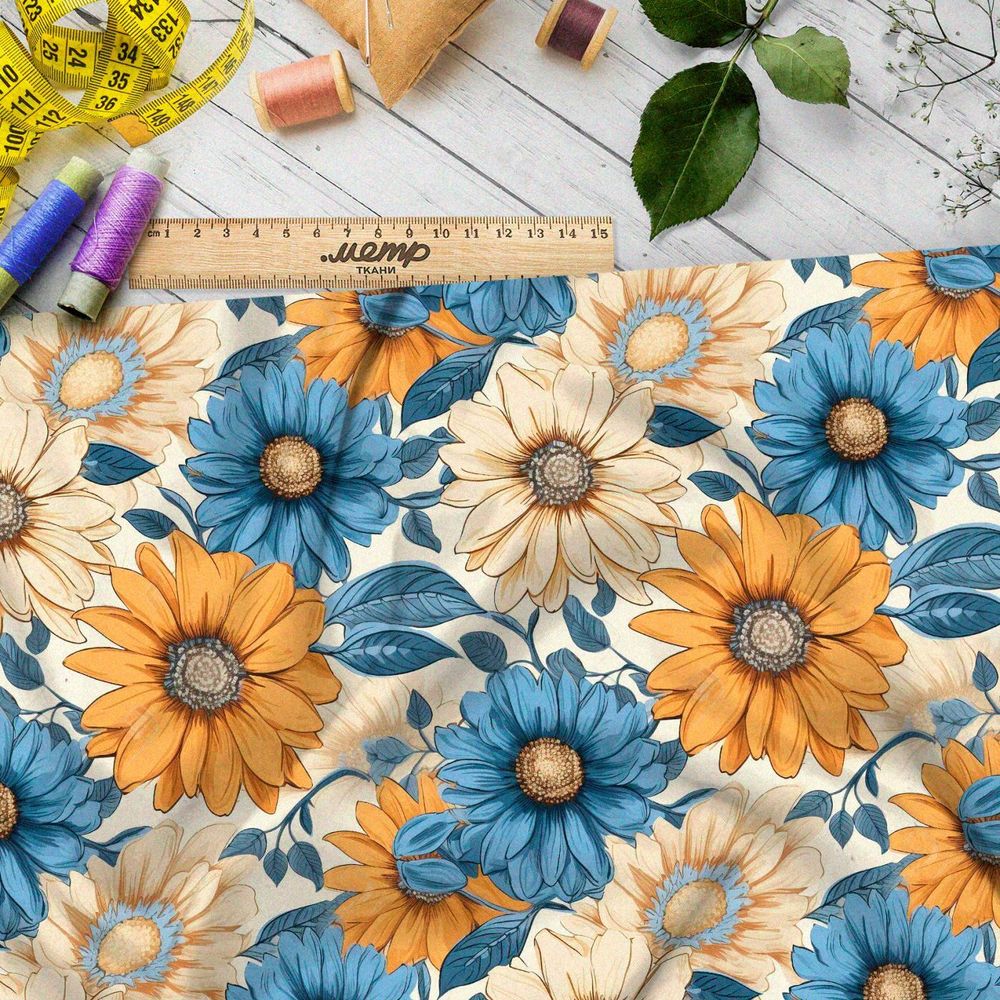 Ткань премиум бифлекс голубые и оранжевые цветы
