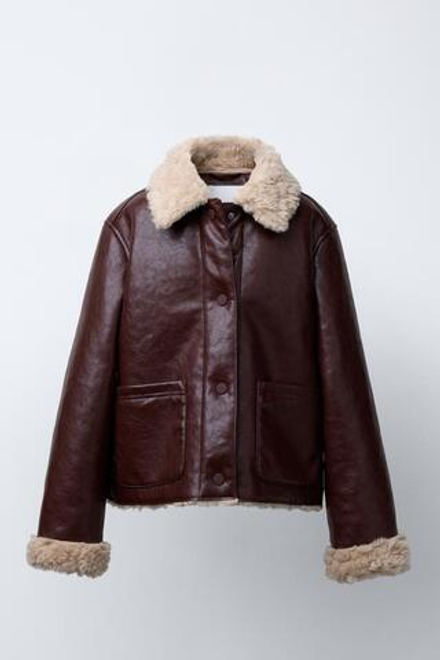 ZARA КУРТКА ИЗ ОВЧИНЫ И ИСКУССТВЕННОЙ КОЖИ, БУРГУНДИ