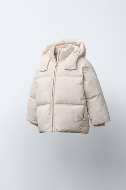 ZARA СТЕГАНАЯ КУРТКА С КАПЮШОНОМ WATER REPELLENT, ЭКРЮ