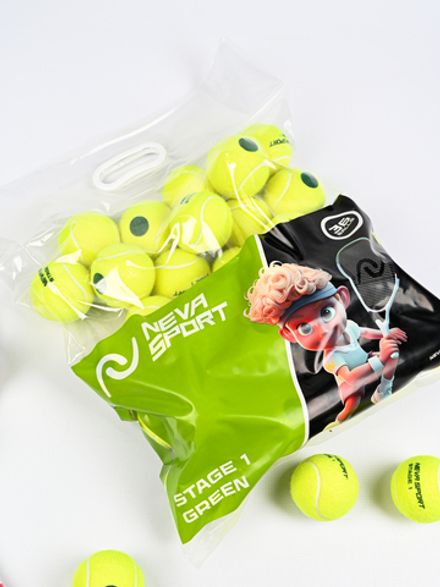 Детские теннисные мячи NEVA SPORT Green (36 мячей в пакете)