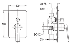 Смеситель встроенный  для ванны и душа  Cezares Baden схема