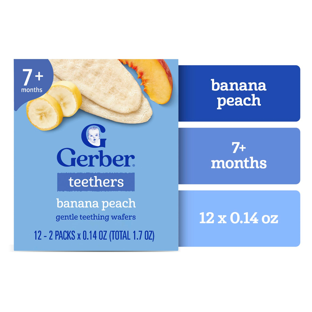 Gerber, вафли для прорезывания зубов, для детей от 7 месяцев, банан и персик, 12 пакетиков по 4 г (0,14 унции), по 2 вафли в пакетике