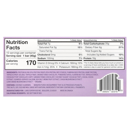 Laird Superfood, Протеиновый батончик Superfood + адаптогены, морская соль из темного шоколада, 10 пакетиков по 45 г (1,6 унции)