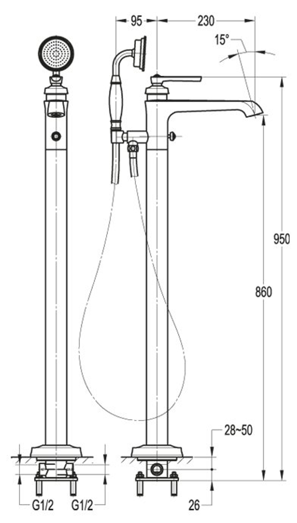 Напольный смеситель для ванны с ручным душем CEZARES LIBERTY-F-VDP-01