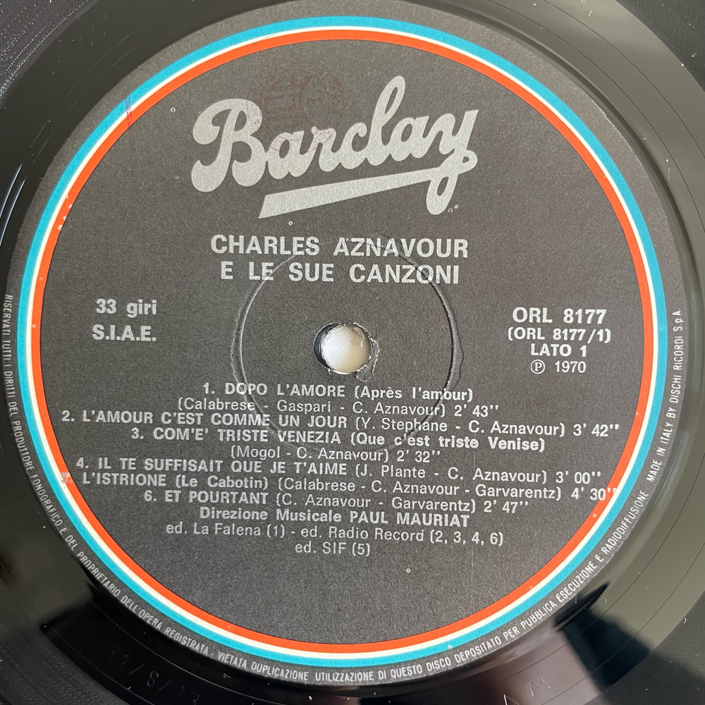 Винтажная виниловая пластинка LP Charles Aznavour Шарль Азнавур, Charles Aznavour E Le Sue Canzoni (Италия 1970)