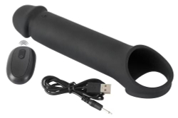 Черная вибронасадка для пениса с хомутом для мошонки и пультом ДУ Remote Controlled Penis Extension