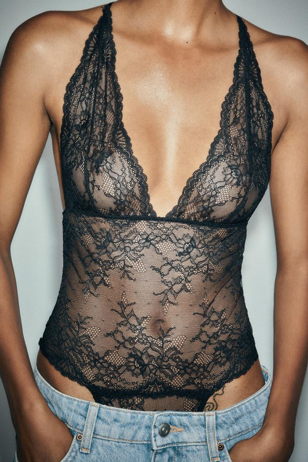 ZARA КРУЖЕВНОЕ БОДИ, ЧЕРНЫЙ