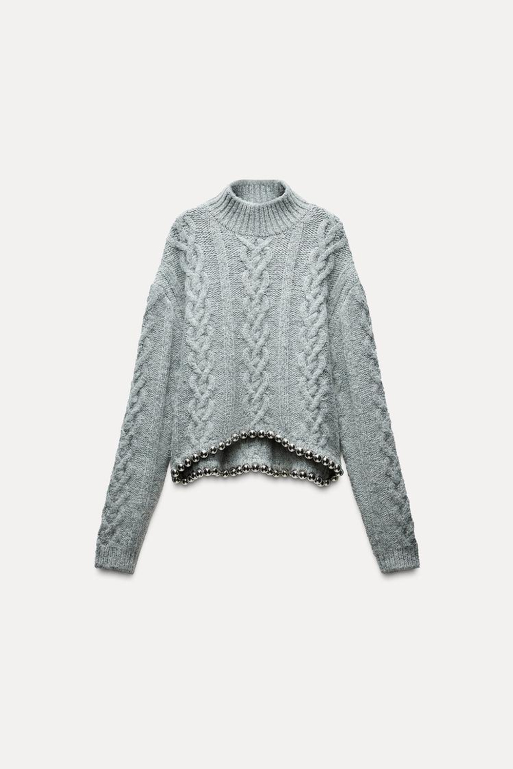 ZARA СВИТЕР С УЗОРОМ «КОСЫ» И БУСИНАМИ, СЕРЫЙ