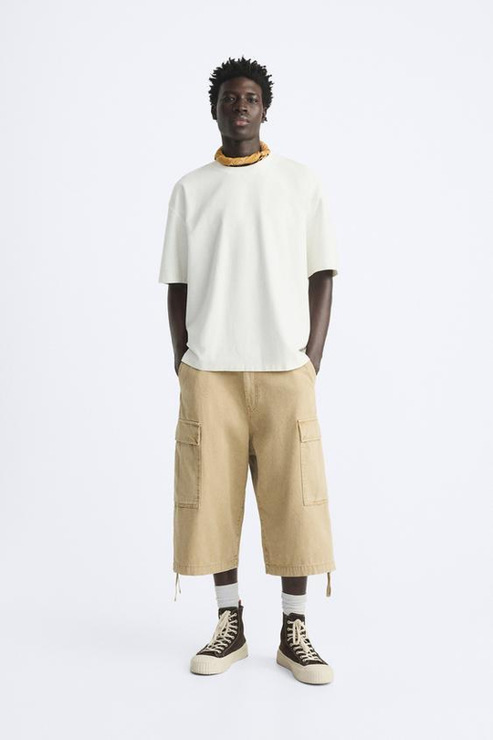 ZARA ФУТБОЛКА ИЗ ТРИКОТАЖА HEAVY WEIGHT С ДЕКОРАТИВНЫМИ ШВАМИ, ЭКРЮ