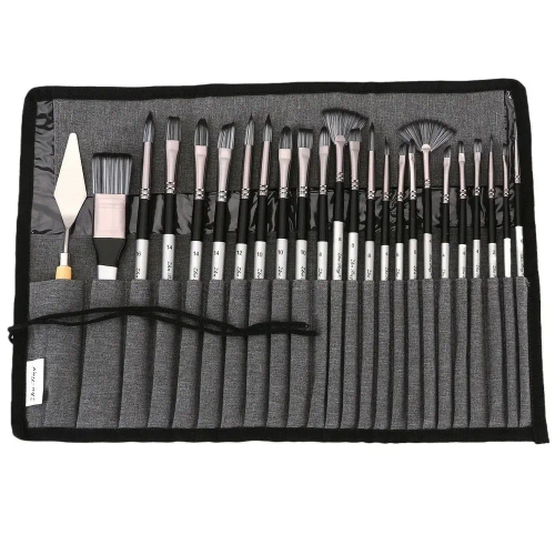 Кисти для рисования набор в пенале скрутке, 25 предметов: кисточки синтетика - веерная, плоская, круглая + мастихин, губка. Цвет серый