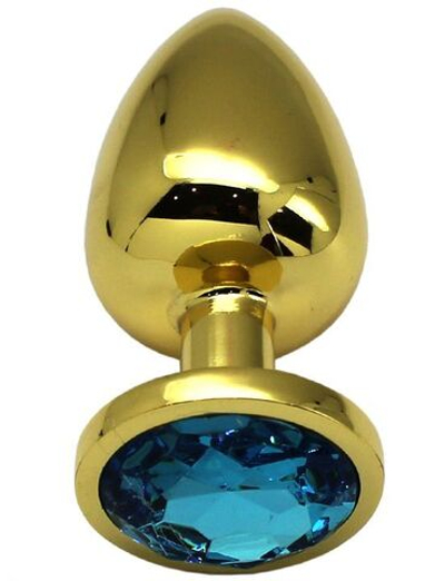 Золотистая анальная пробка с голубым кристаллом - 9 см.