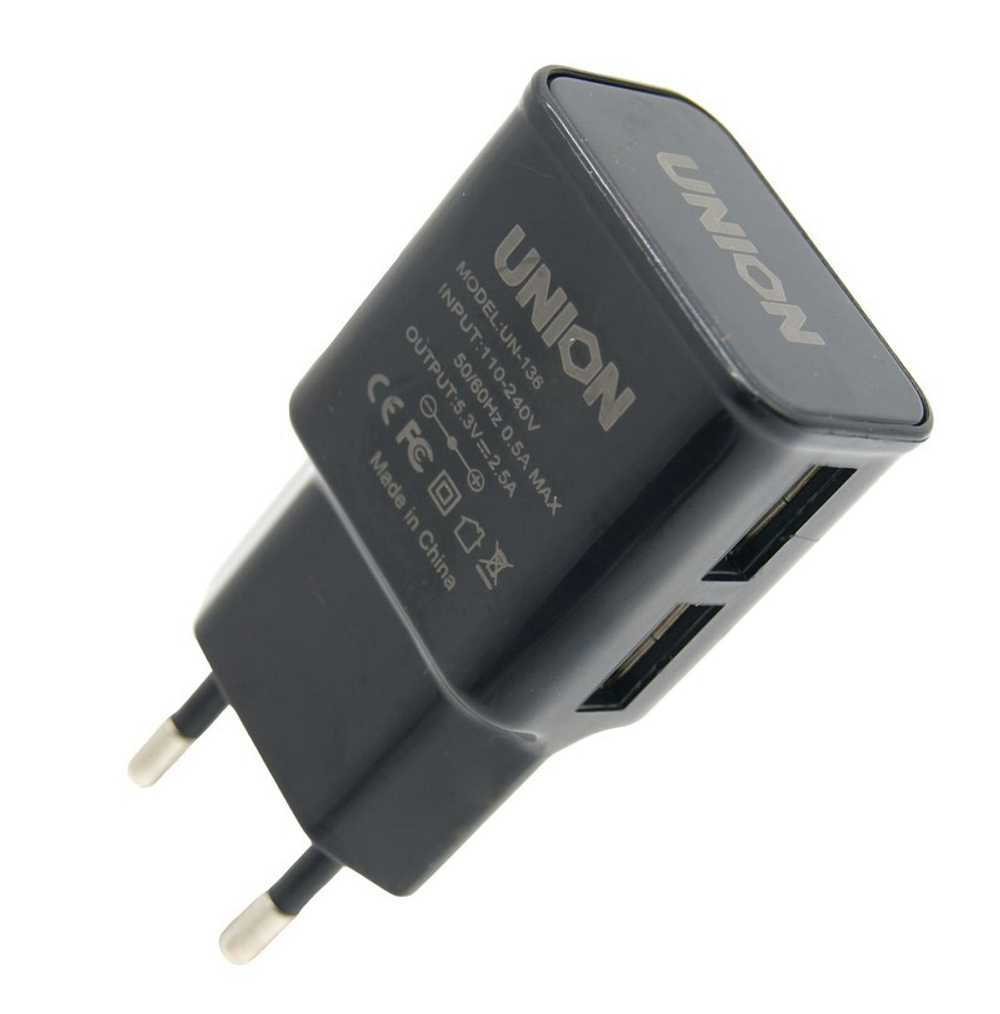 Сетевой адаптер питания Union UN-136 2USB 2.5A (черный) в пакете