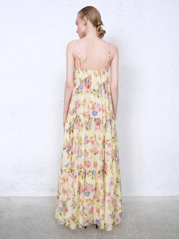 Флёр макси (Fleur maxi), платье макси из бледно-желтого шифона с цветочным принтом