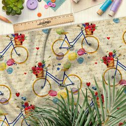 Ткань интерлок велосипеды с щариками и розами на фоне письма