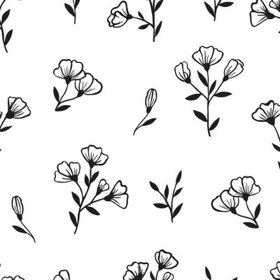 Цветочный узор нарисован чернилами. Twigs, leaves, petals, buds.