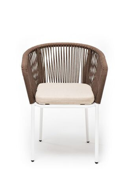 "Марсель" стул плетеный из роупа, каркас алюминий белый муар, роуп коричневый круглый, ткань бежевая 052