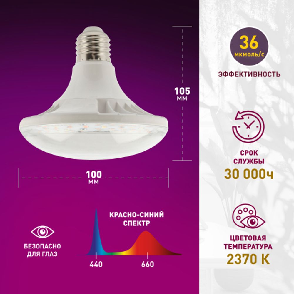 Фитолампа для растений светодиодная ЭРА FITO-18W-RB-E27 красно-синего спектра 18 ВТ Е27