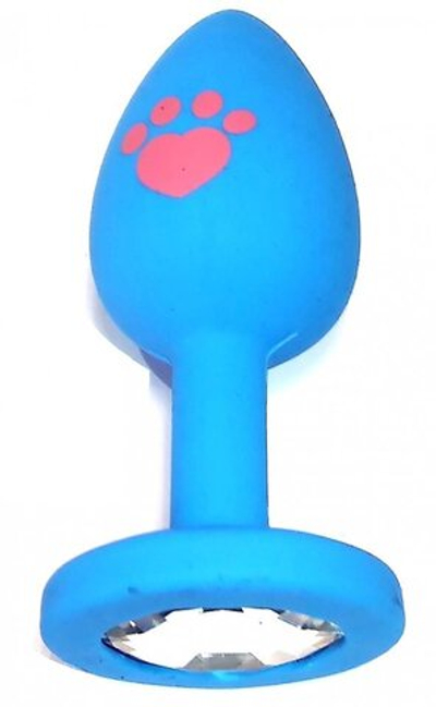 Анальная втулка голубая с рисунком лапа Small кристалл прозрачный 7 см