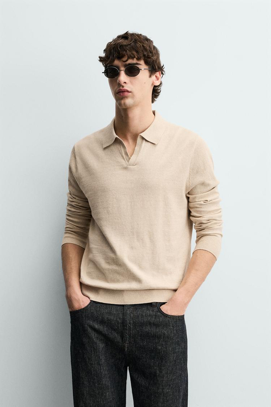 ZARA ТРИКОТАЖНОЕ ПОЛО КЛАССИЧЕСКОГО КРОЯ, ЭКРЮ