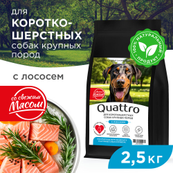 Корм сухой для взрослых собак крупных пород, премиум полнорационный комплекс, для короткошерстных собак, с лососем, 2,5 кг, QUATTRO